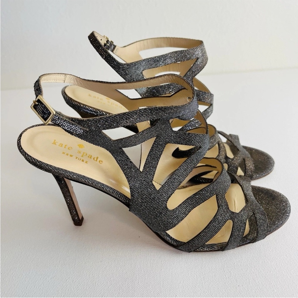 Kate Spade Vero Cuoio Iridescent Glitter Strappy Platform Heel Size 10 Gold Gray